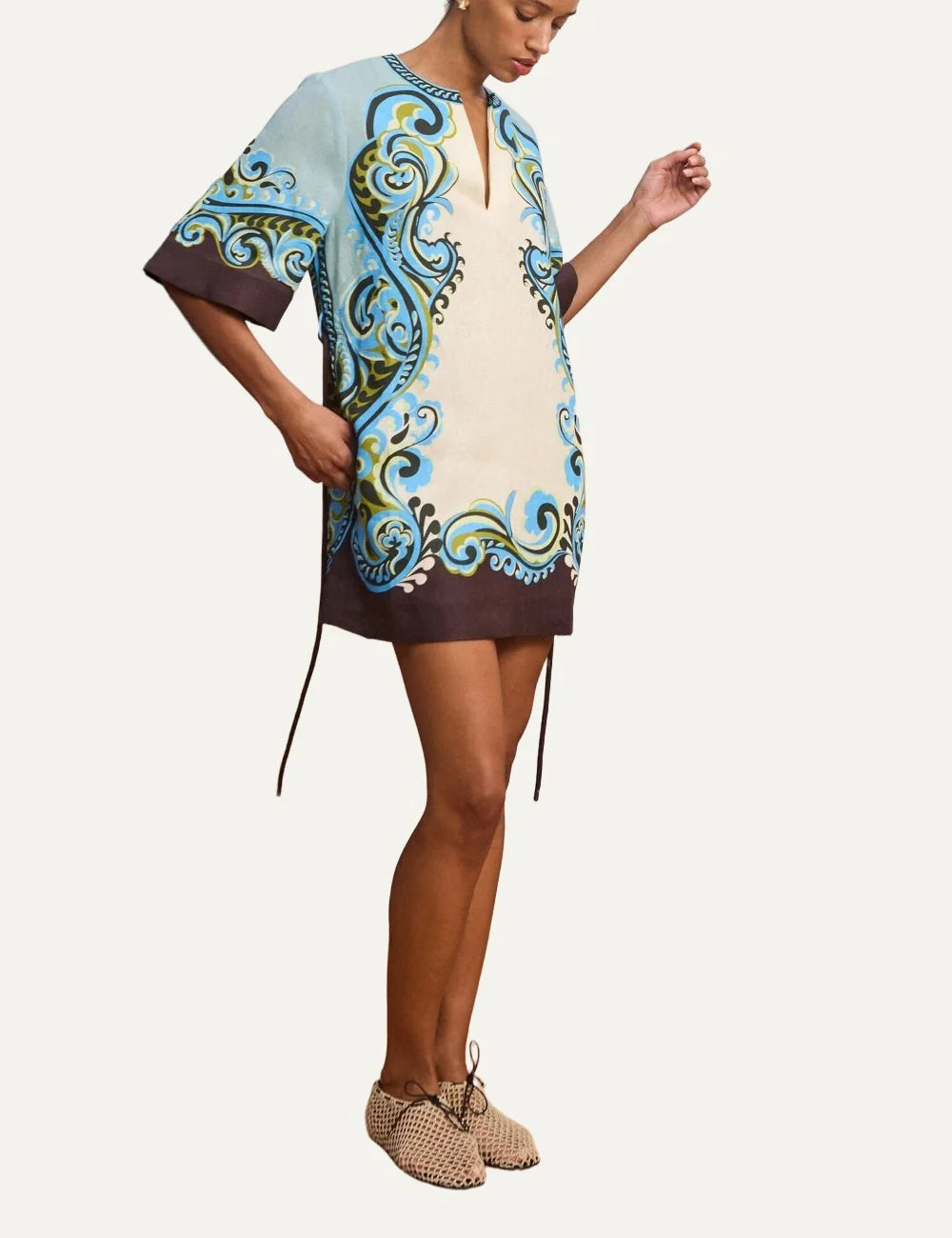 ALEMAIS women linen mini dress with blue brown paisley print and tie waist side