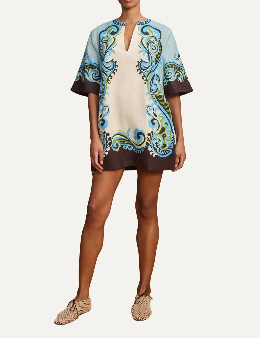ALEMAIS women linen mini dress with blue brown paisley print and tie waist full body