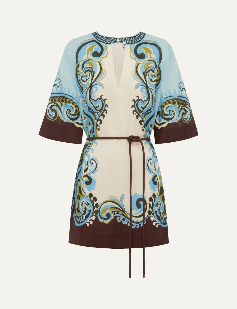ALEMAIS women linen mini dress with blue brown paisley print and tie waist