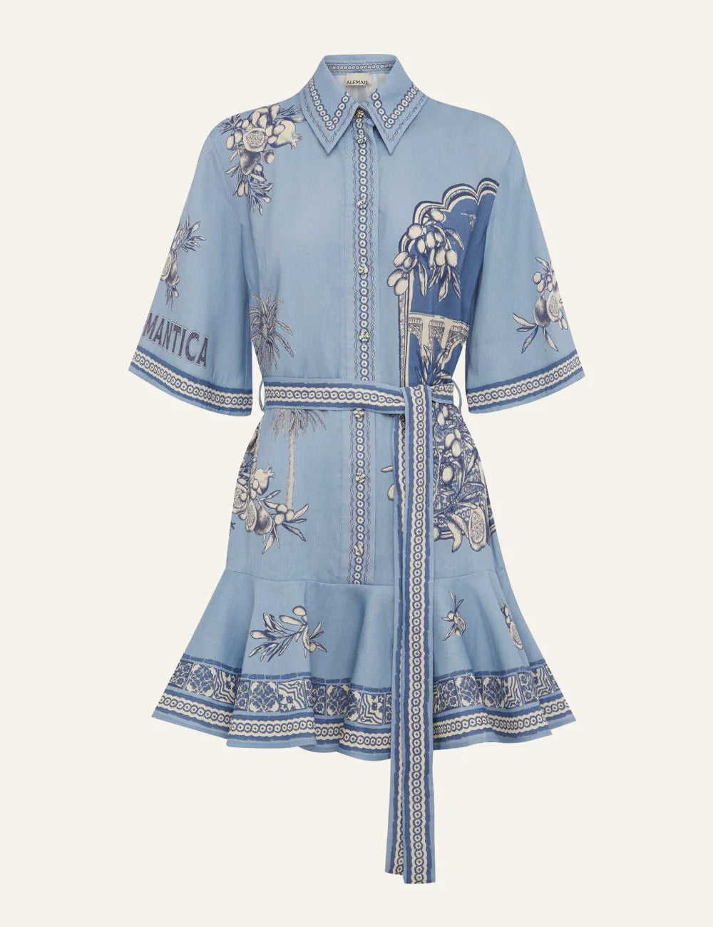 Alemais Villa Romantica mini dress blue front view