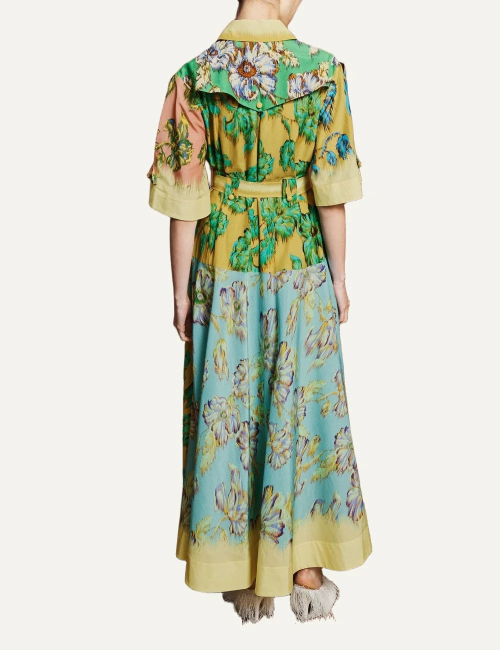 ALEMAIS women multicolor cotton midi shirt dress with watercolour floral print and tie belt back