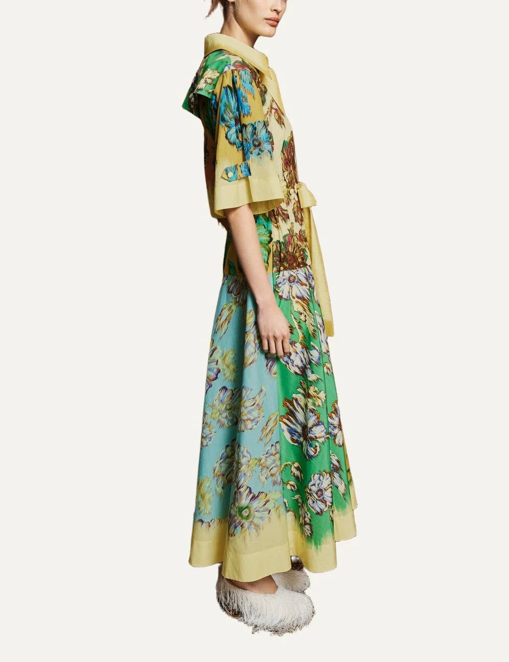 ALEMAIS women multicolor cotton midi shirt dress with watercolour floral print and tie belt side