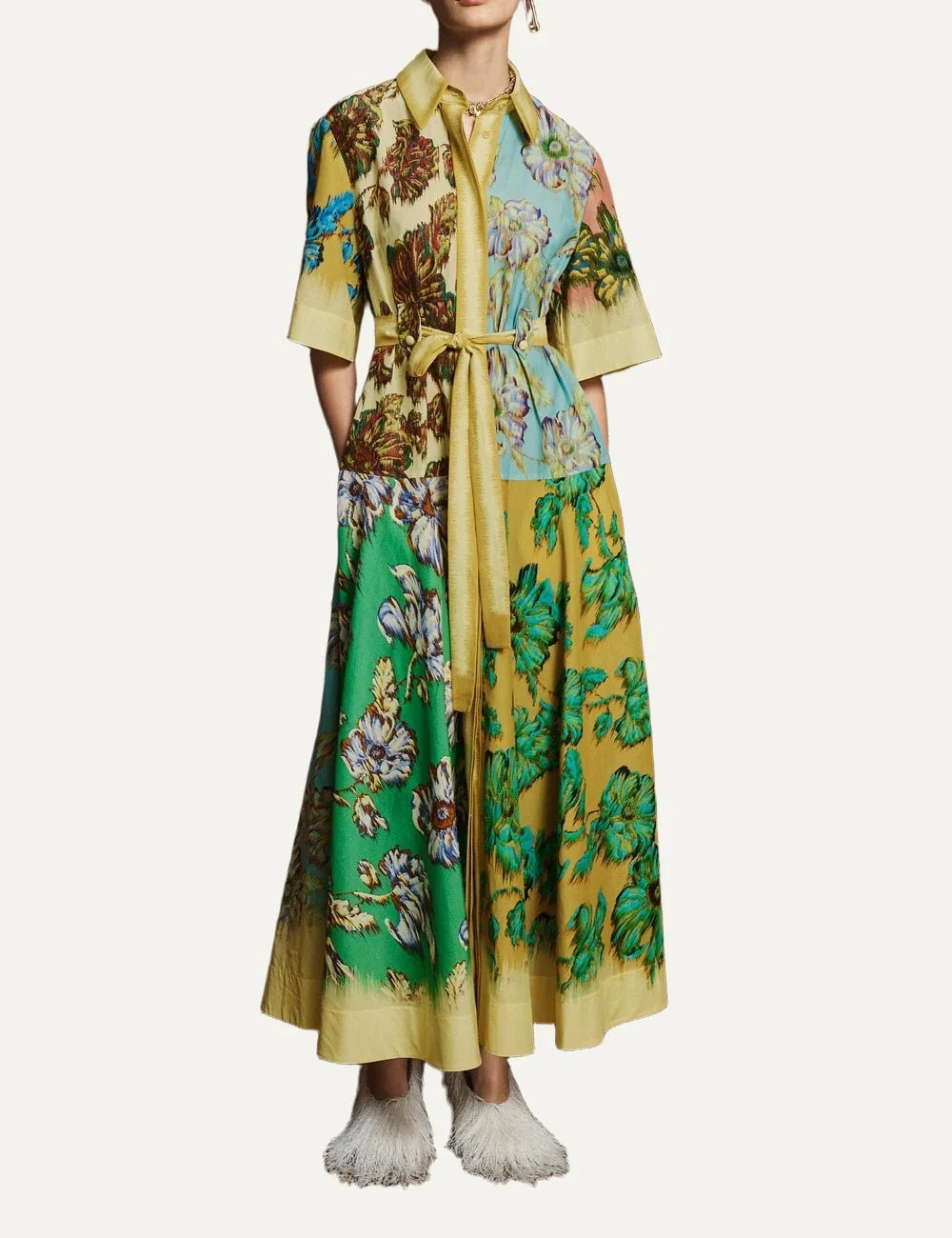 ALEMAIS women multicolor cotton midi shirt dress with watercolour floral print and tie belt full body