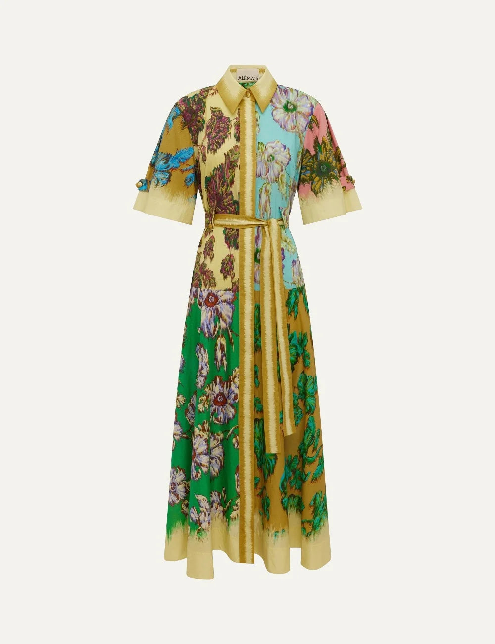 ALEMAIS women multicolor cotton midi shirt dress with watercolour floral print and tie belt