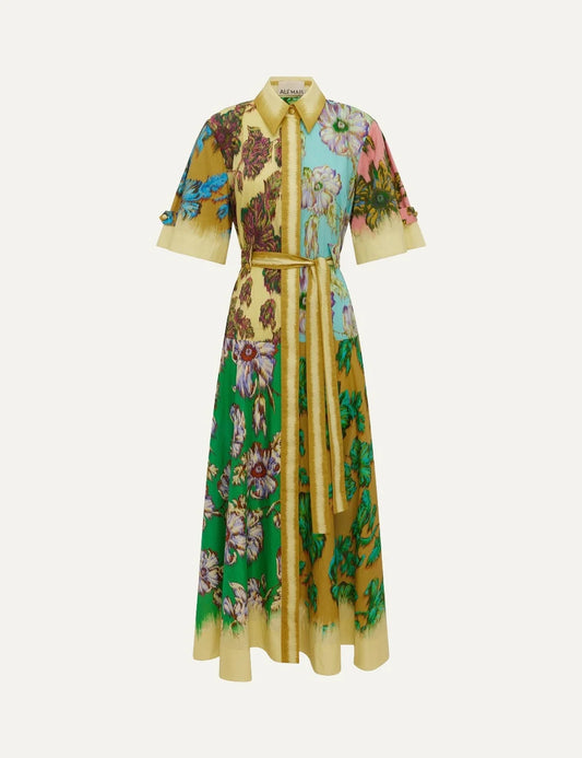ALEMAIS women multicolor cotton midi shirt dress with watercolour floral print and tie belt