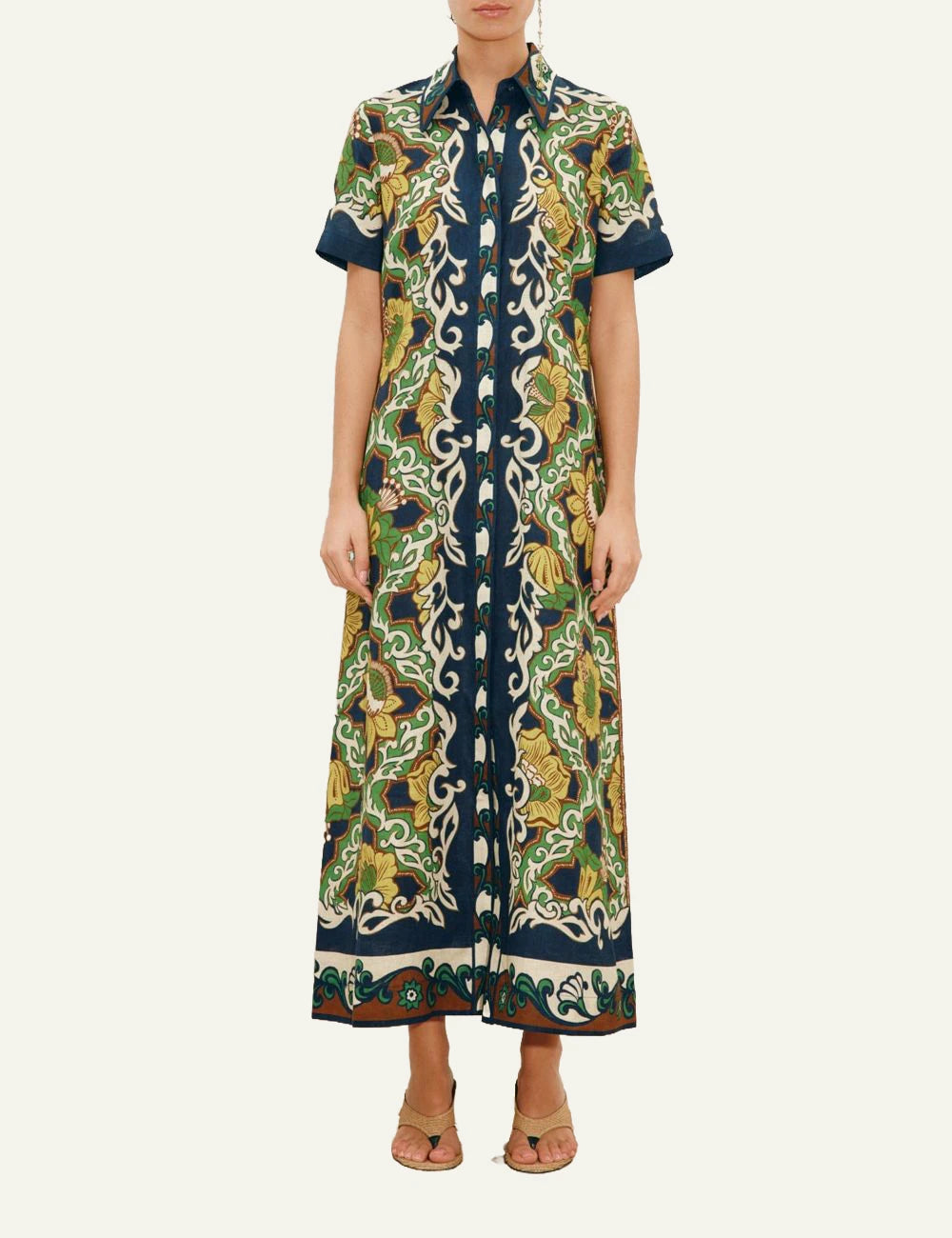 Alemais Liana Shirtdress midi linen print front full body view