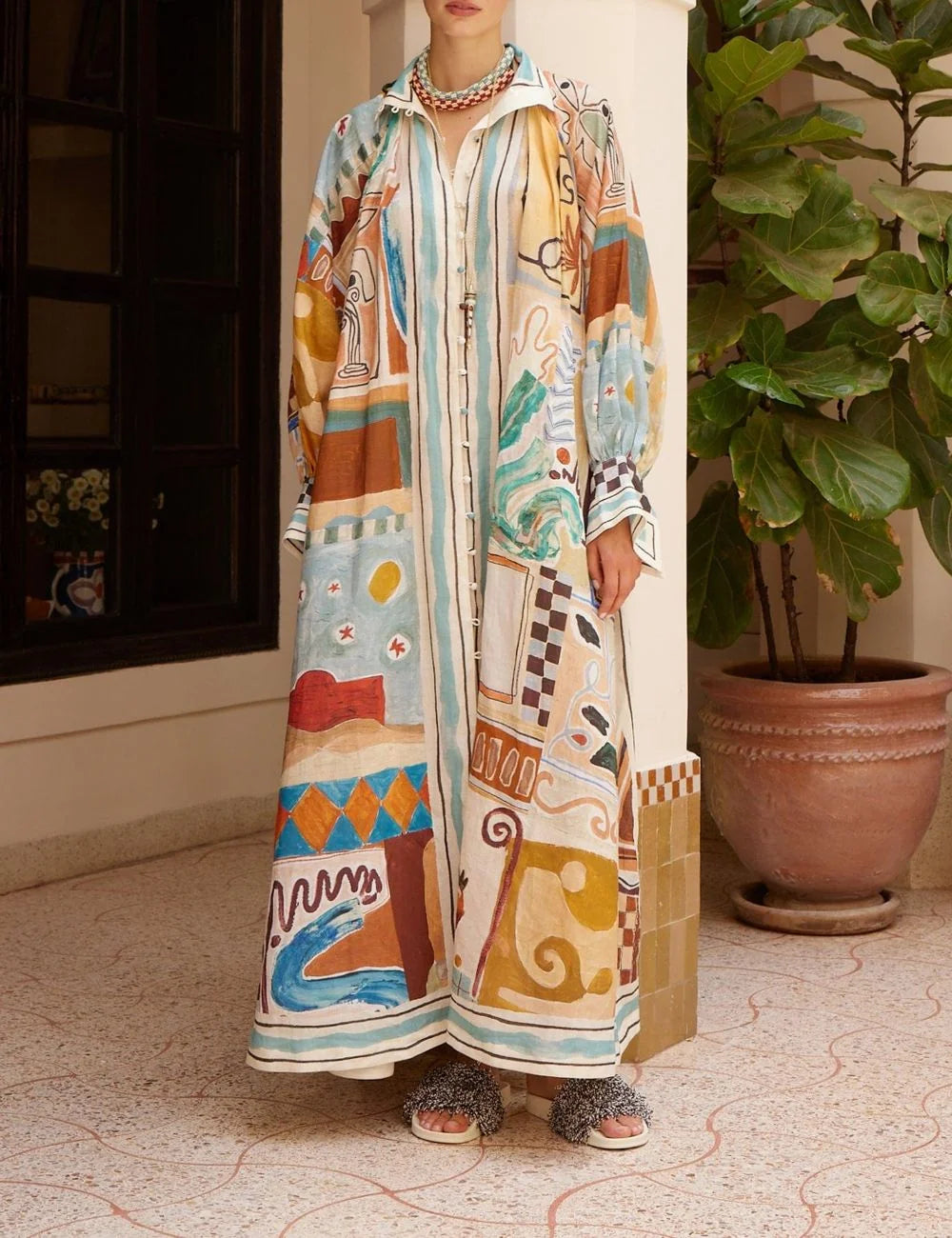 Alemais Michelle shirtdress midi ramie printed front view Greek courtyard