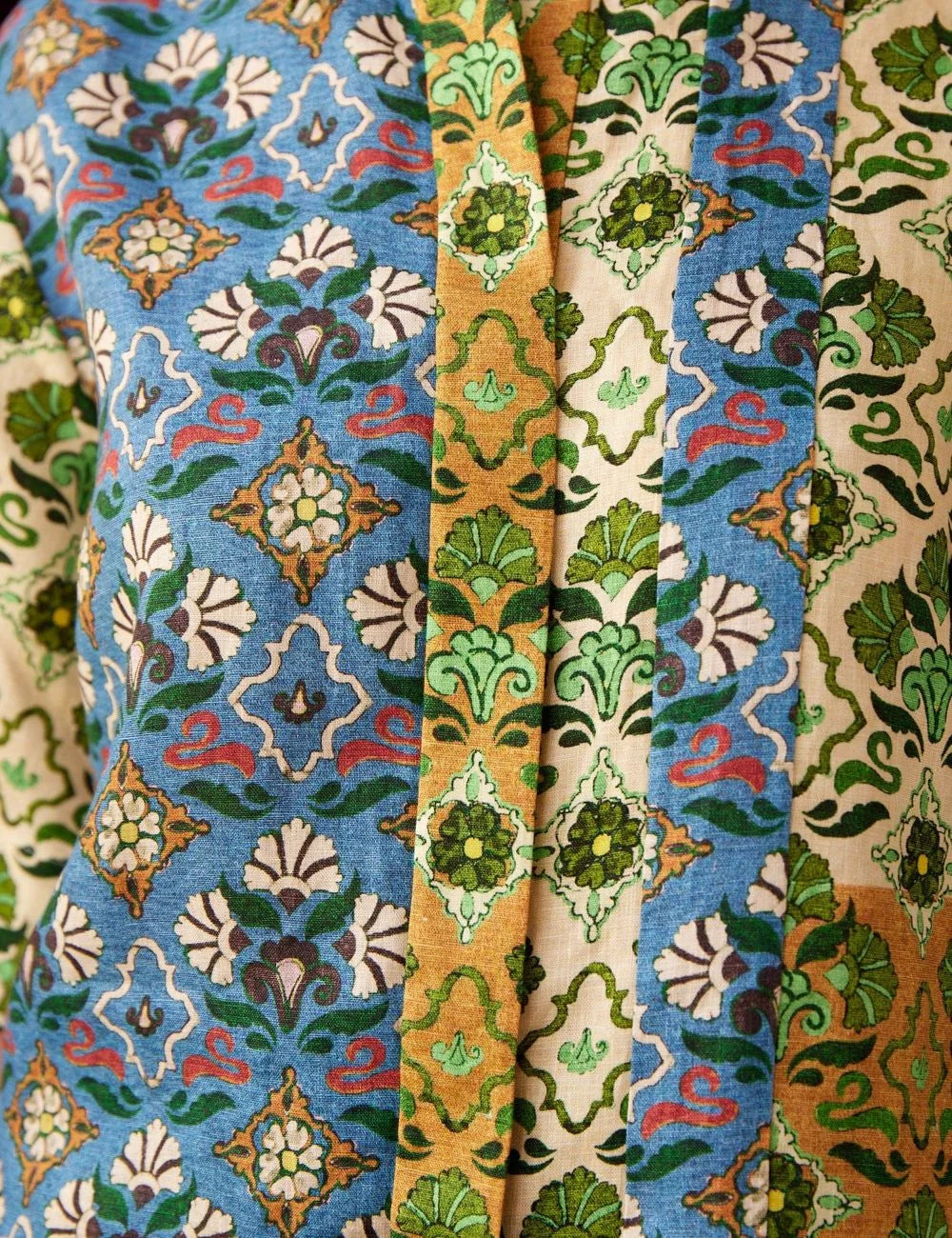 ALEMAIS Ali Spliced Pant detail fabric close up patchwork print linen texture