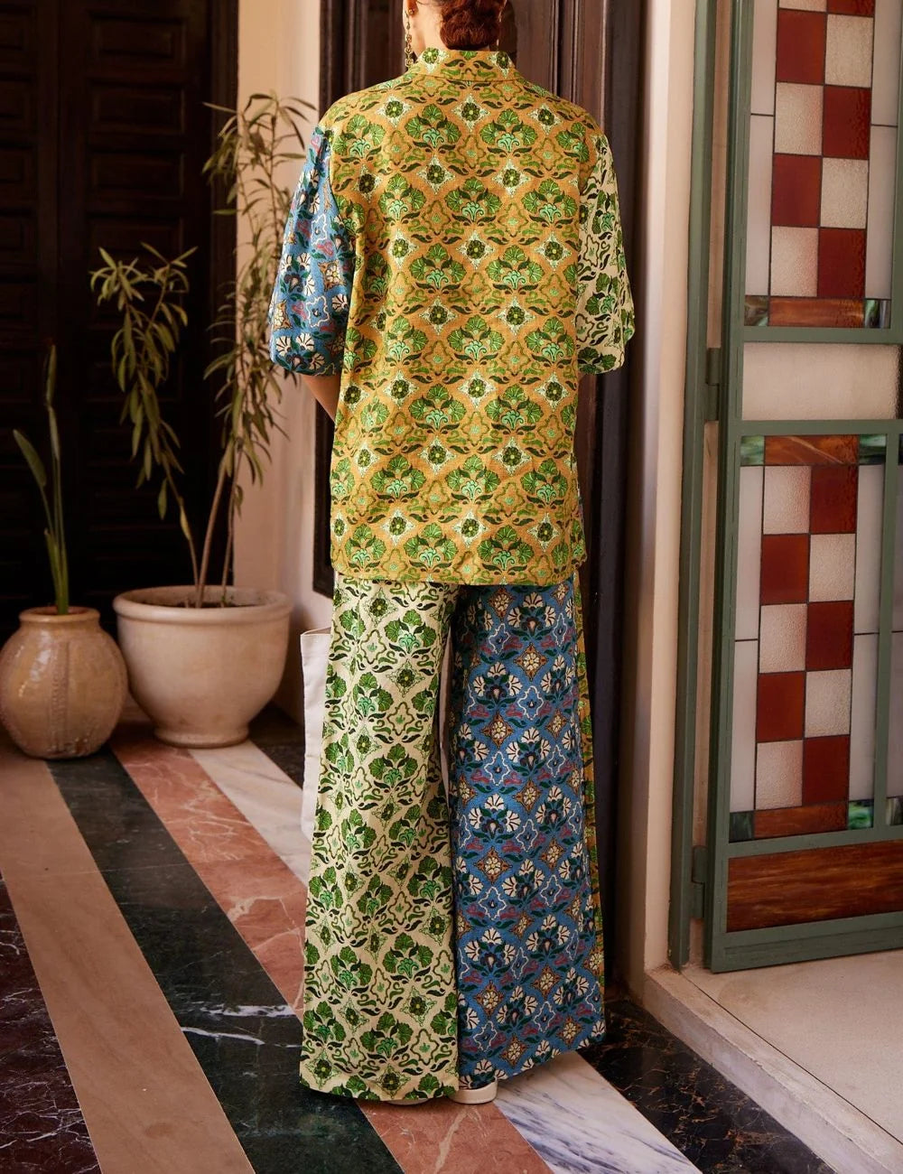 ALEMAIS Ali Spliced Pant back view elastic waist drawstring linen pants