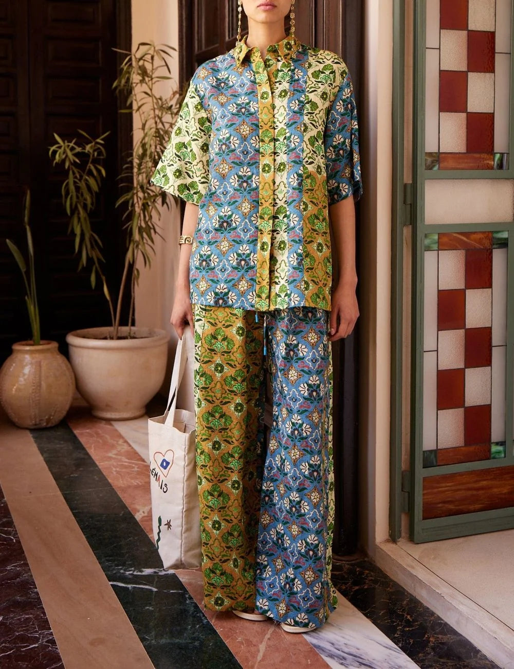 ALEMAIS Ali Spliced Pant wide leg linen παντελόνι με πολύχρωμο patchwork print front view