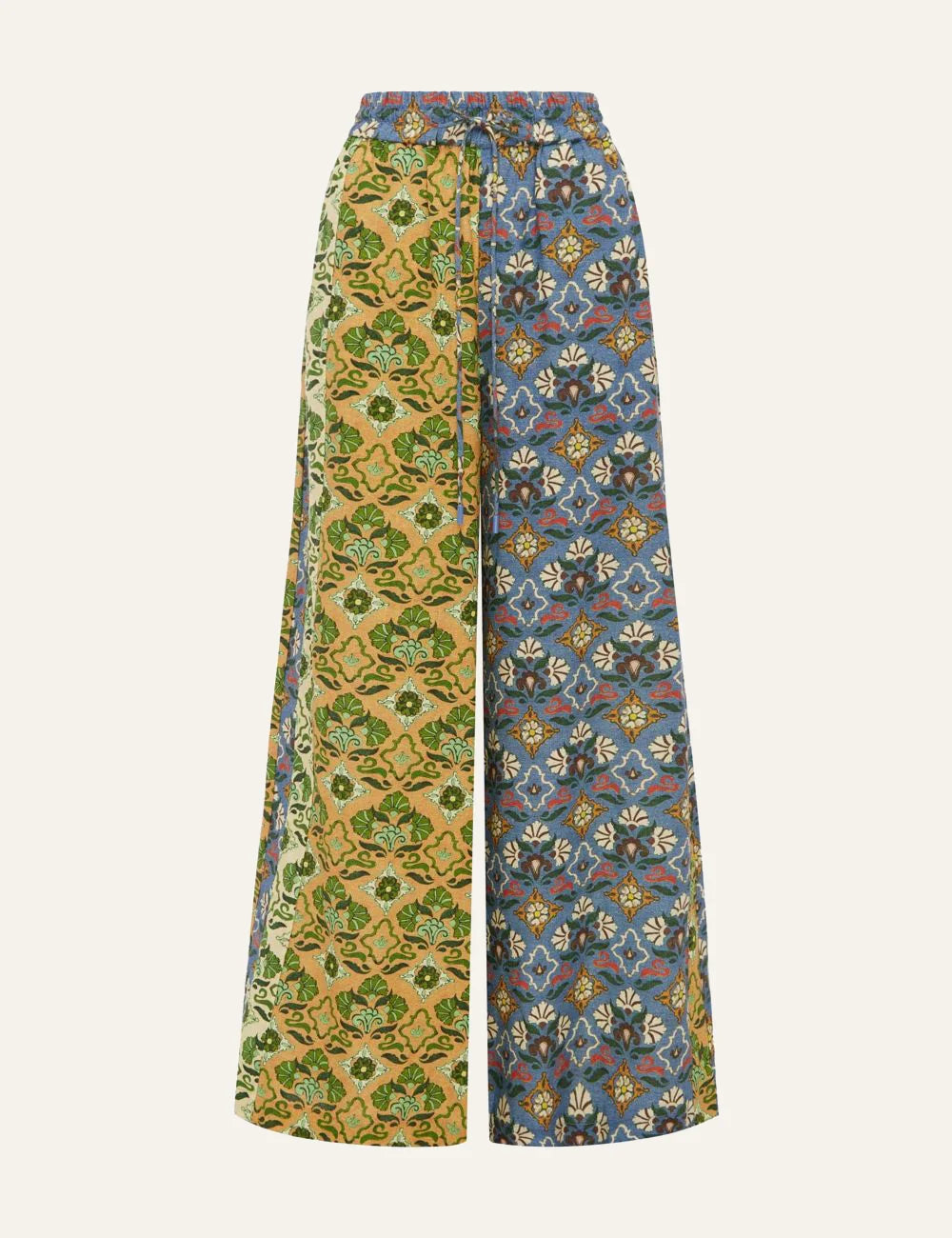 ALEMAIS Ali Spliced Pant flat lay wide leg linen trousers multicolor print