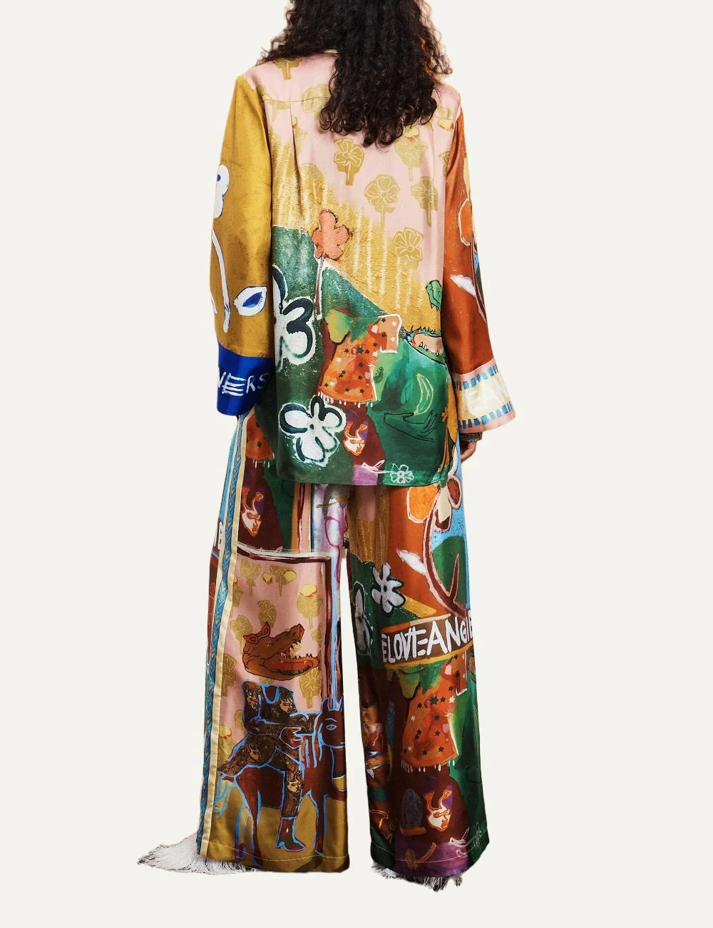 Alemais women's multicolour silk wide leg pants with artistic print back