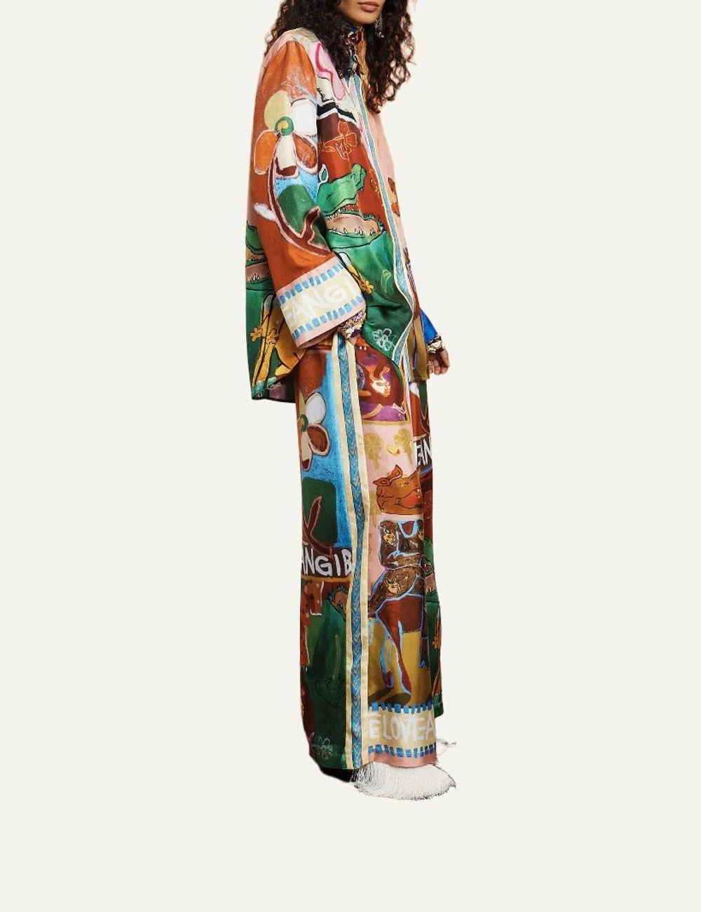 Alemais women's multicolour silk wide leg pants with artistic print side