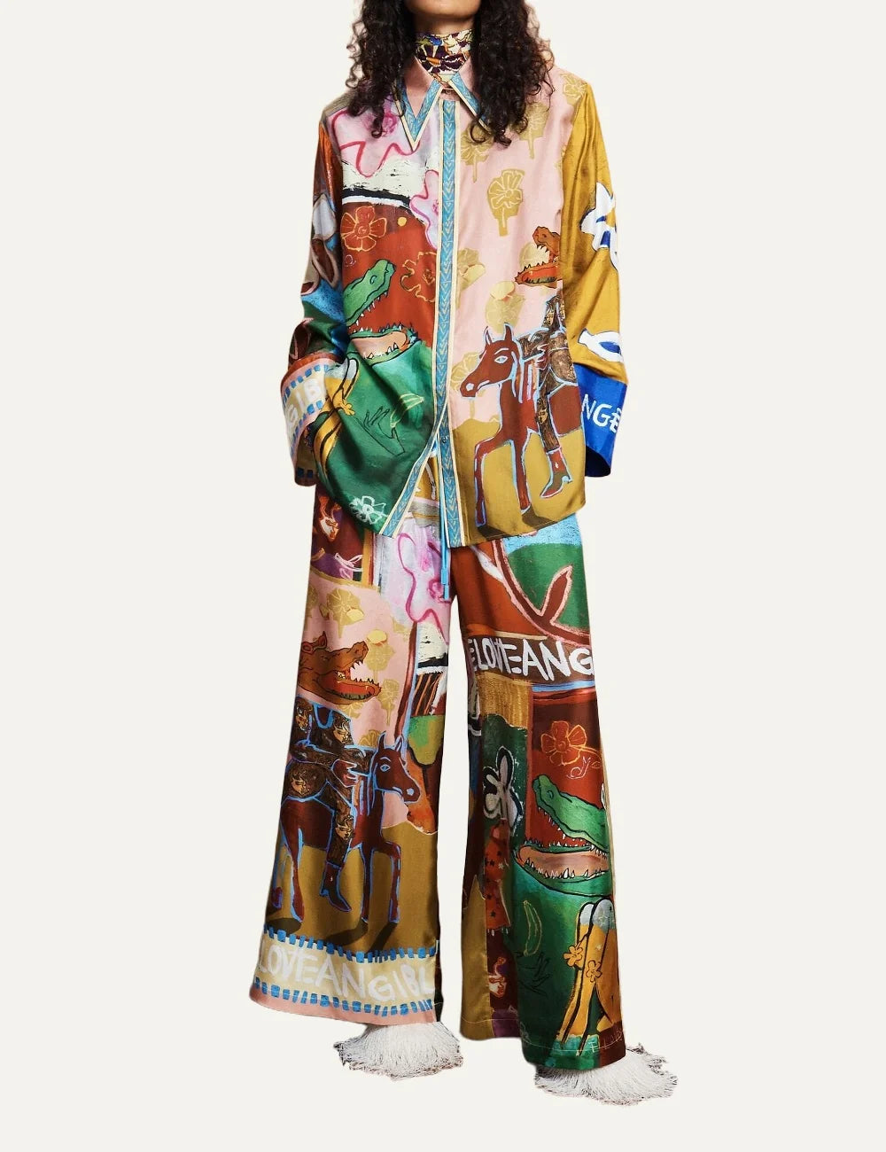 Alemais women's multicolour silk wide leg pants with artistic print full body