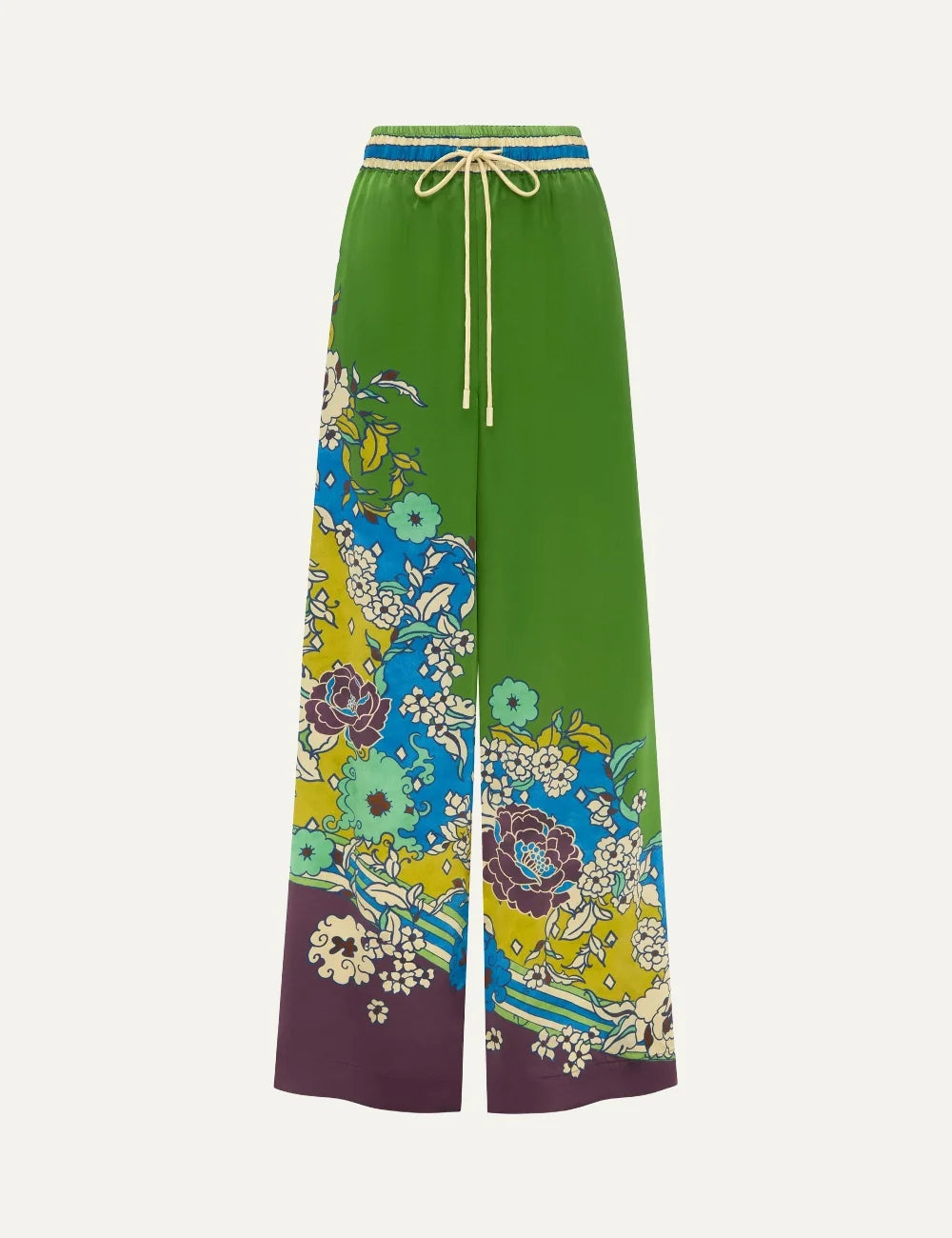 Alemais women's green silk satin wide leg pants with multicolour floral print