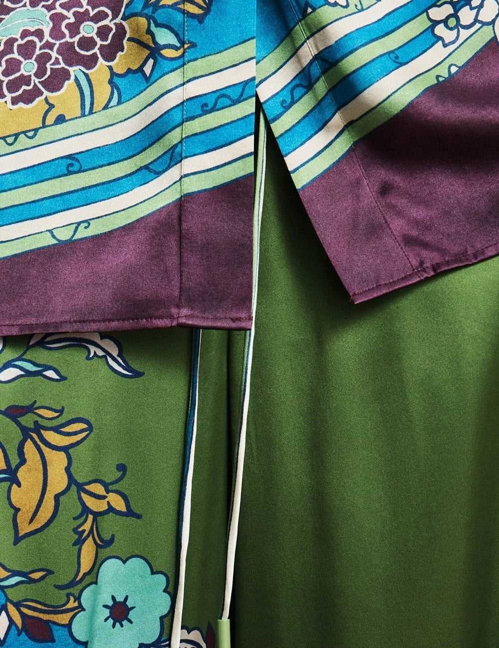 Alemais women's green silk satin wide leg pants with multicolour floral print detail