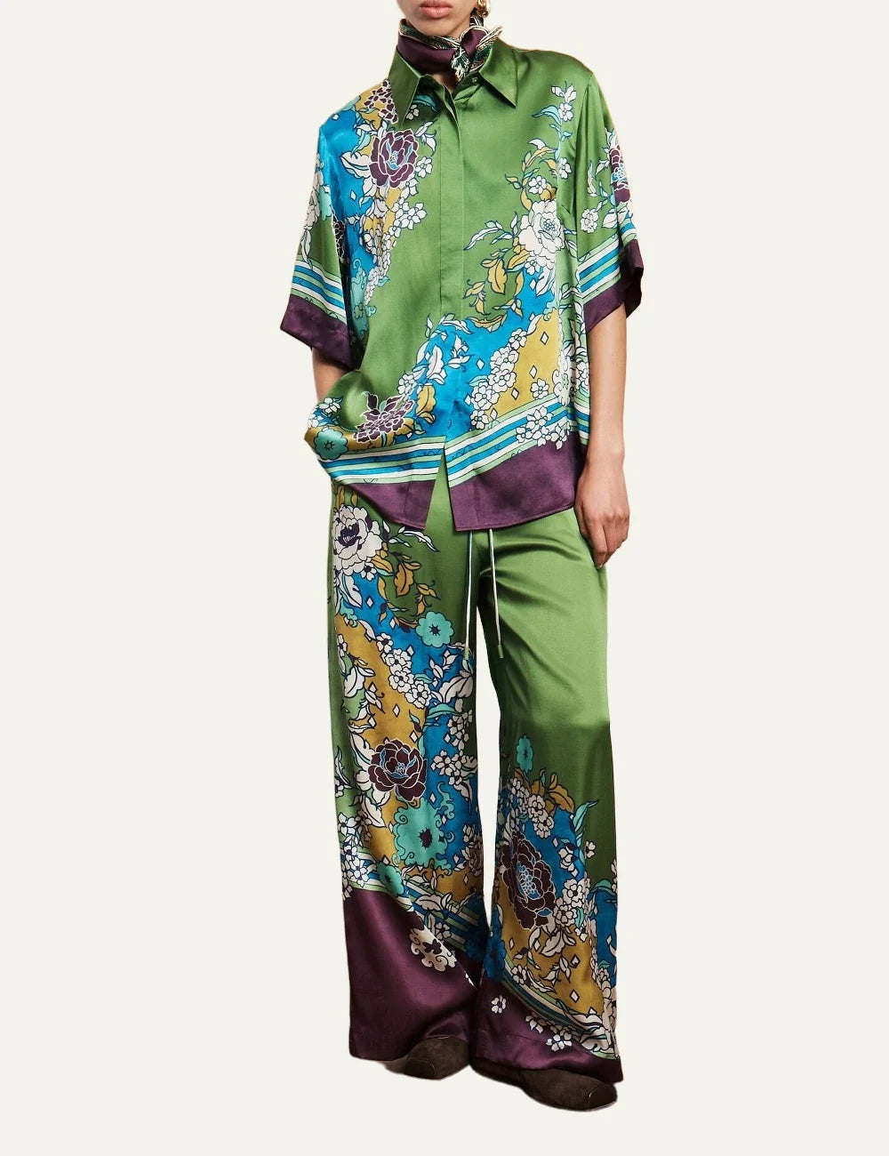 Alemais women's green silk satin wide leg pants with multicolour floral print full body