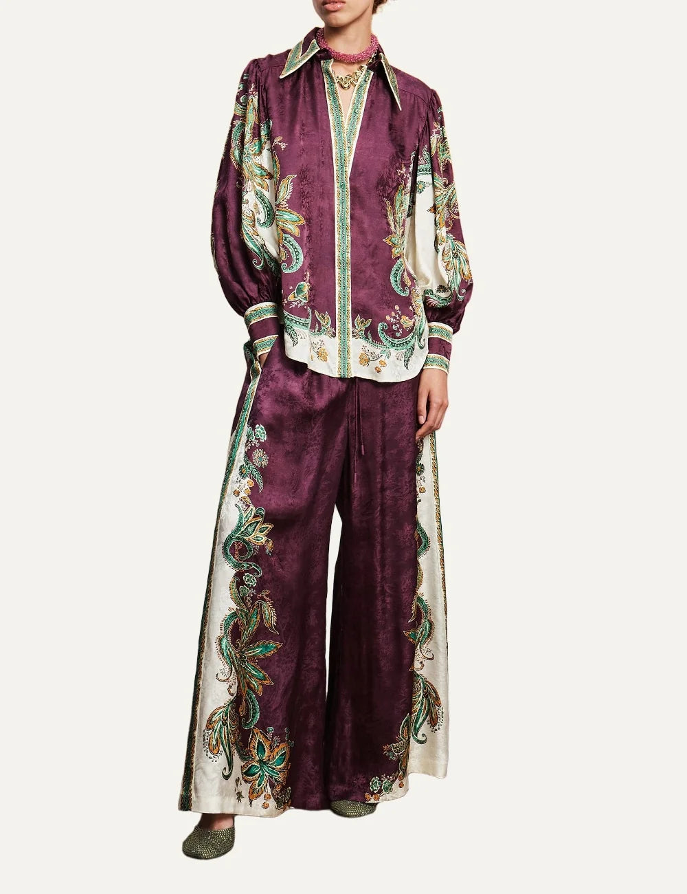 ALEMAIS women burgundy wide leg jacquard pants with botanical paisley print full body