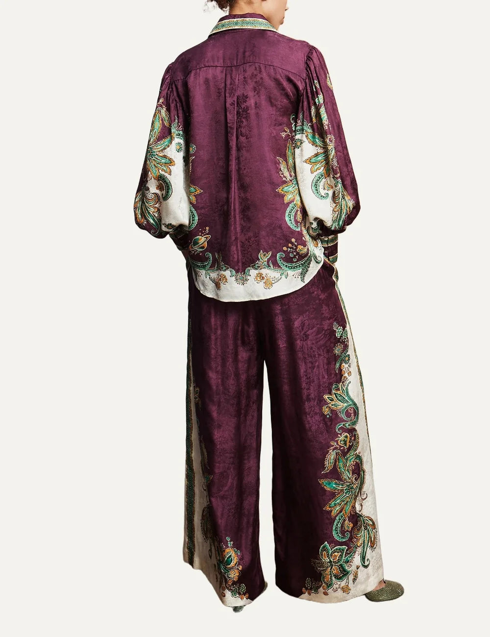 ALEMAIS women burgundy wide leg jacquard pants with botanical paisley print back