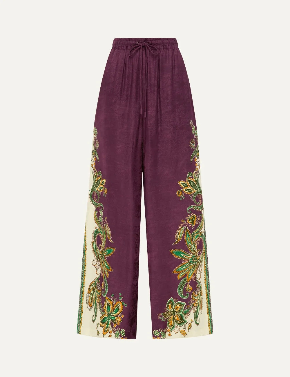 ALEMAIS women burgundy wide leg jacquard pants with botanical paisley print