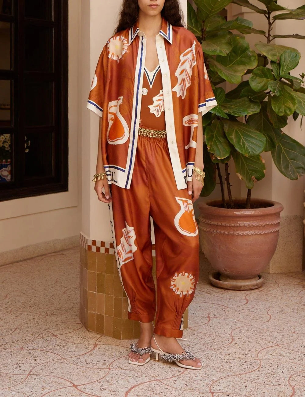 Alemais Soleil D’Amour silk pant front view tapered relaxed fit