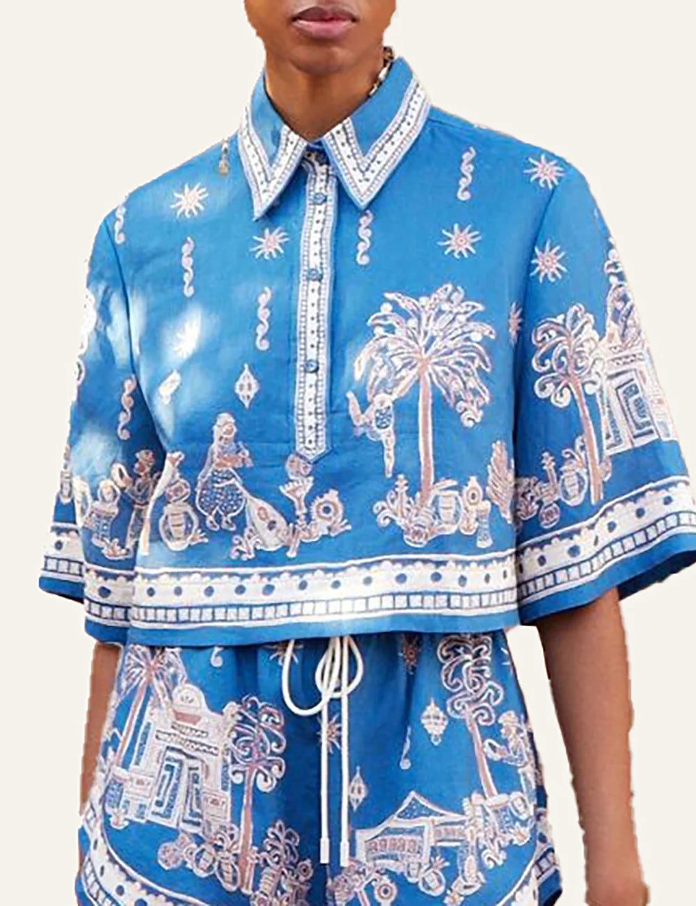 Alemais Acacia cropped shirt worn on model front detail drawstring