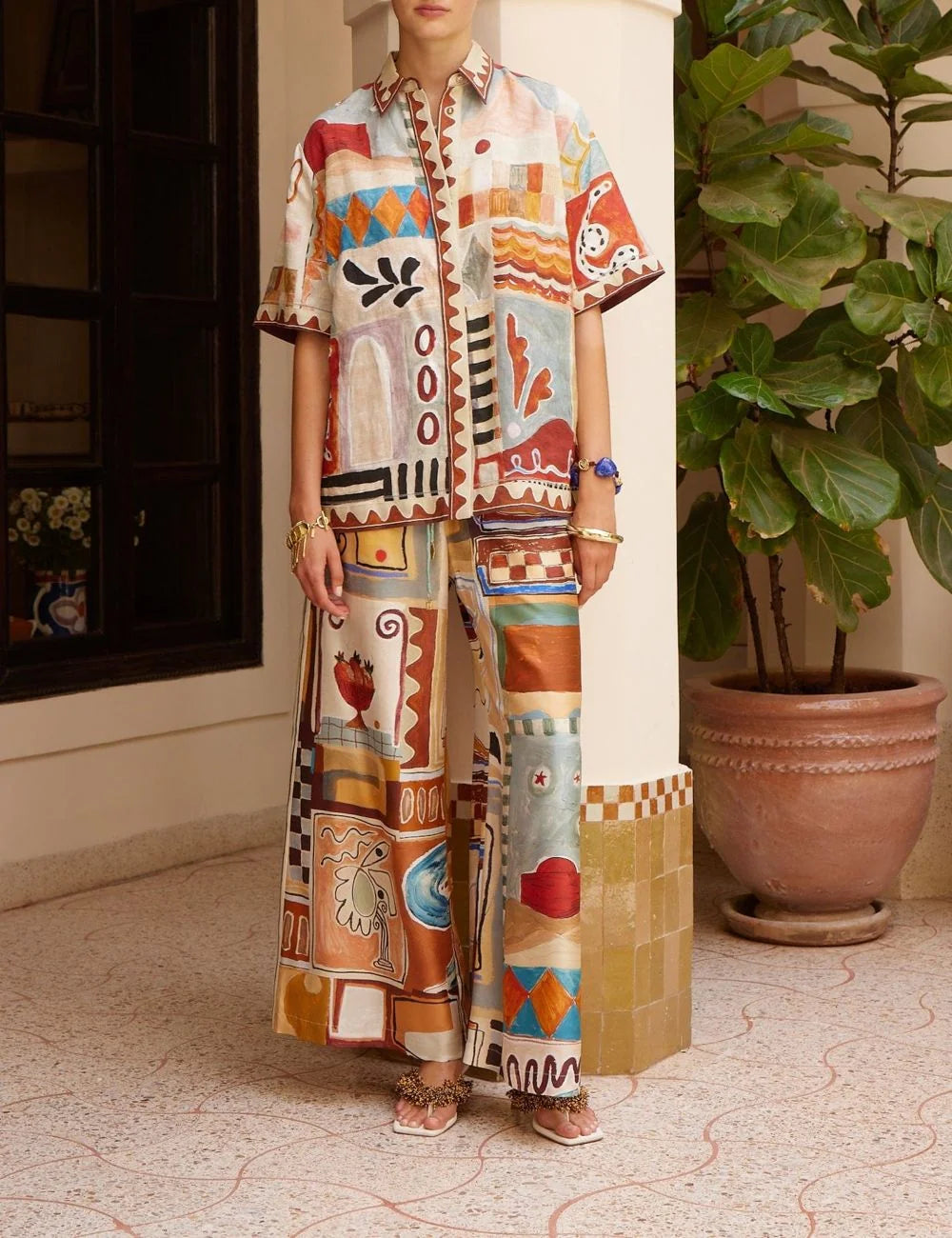 Alemais Michelle shirt artwork print European linen – front view on model