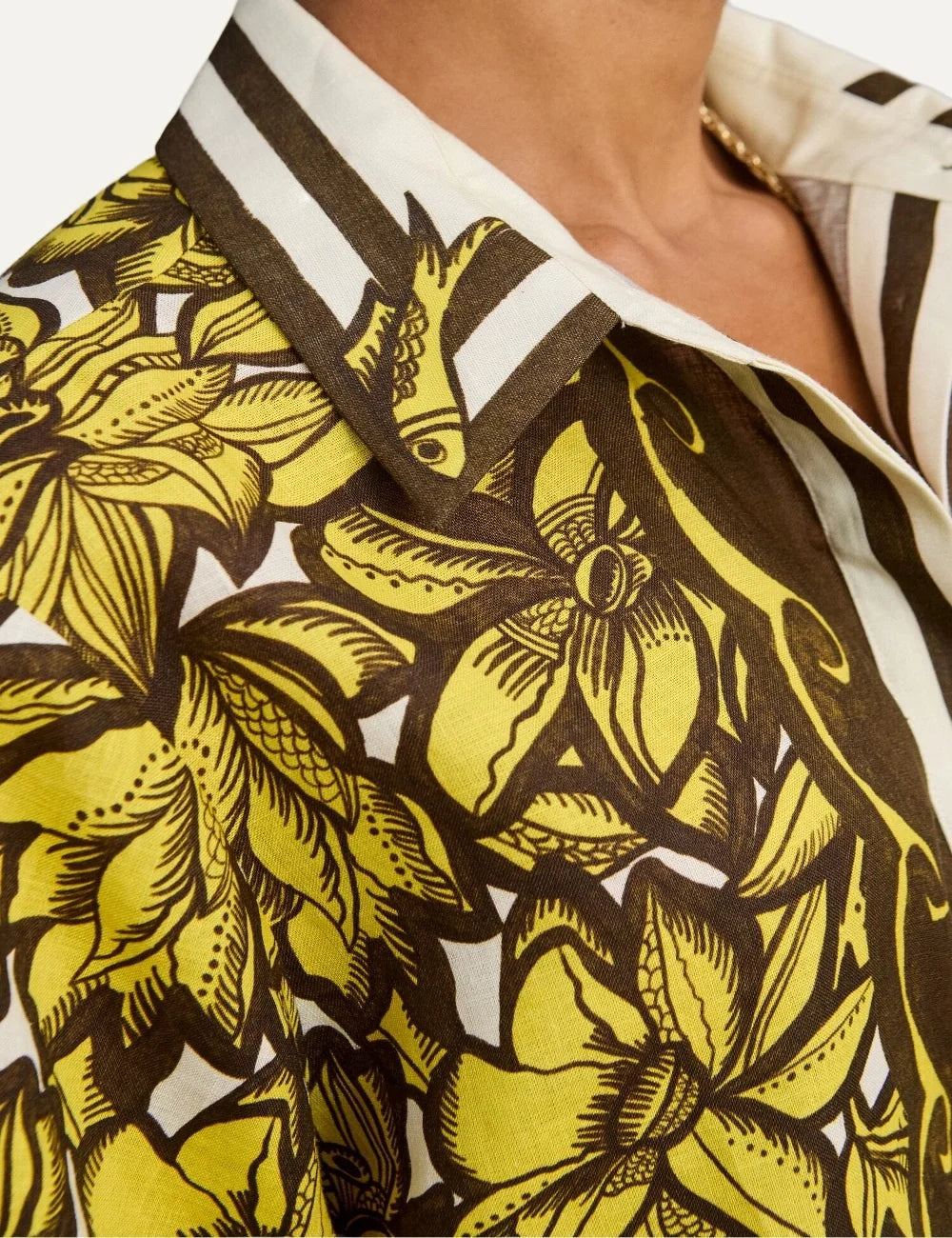 ALEMAIS women brown yellow hemp shirt with floral and banana print detail