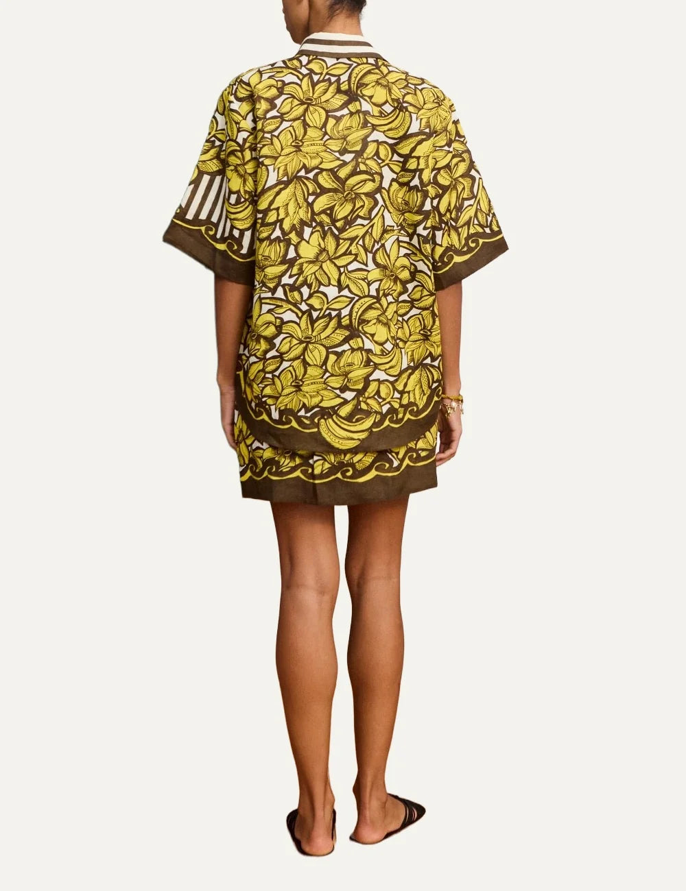 ALEMAIS women brown yellow hemp shirt with floral and banana print back