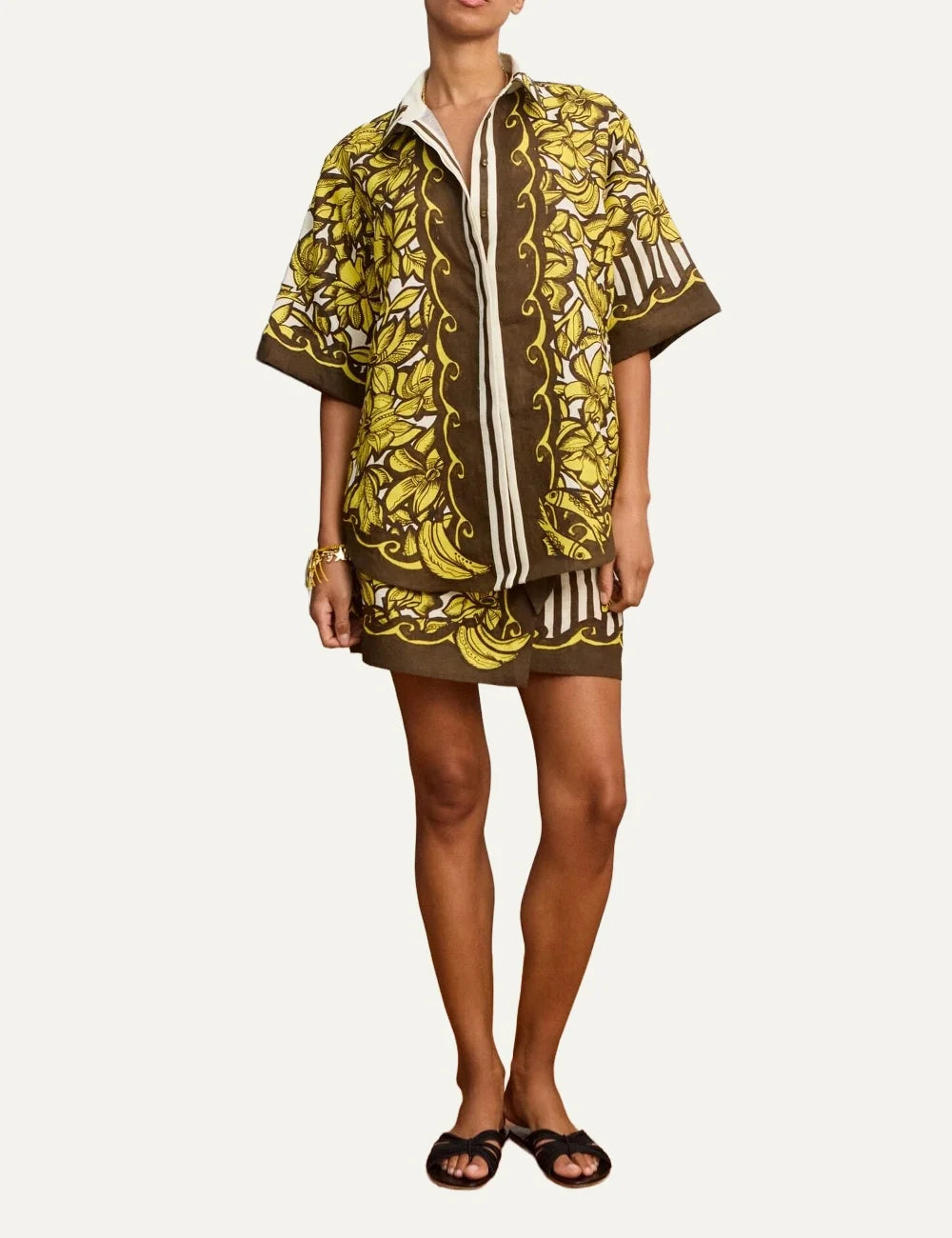 ALEMAIS women brown yellow hemp shirt with floral and banana print full body