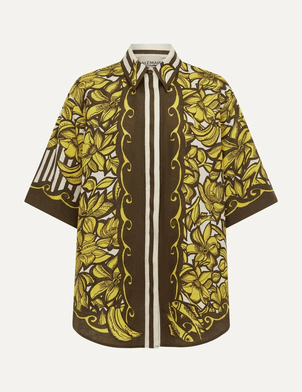 ALEMAIS women brown yellow hemp shirt with floral and banana print