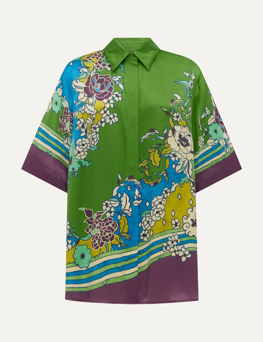 Alemais women's green silk satin shirt with multicolour floral print