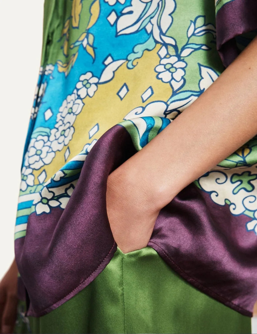 Alemais women's green silk satin shirt with multicolour floral print detail