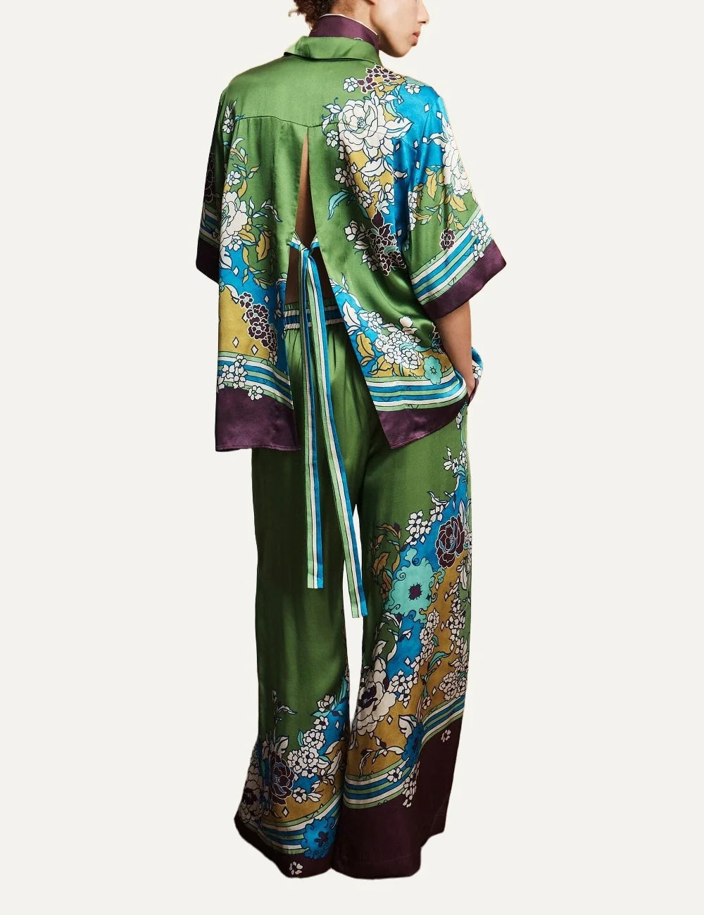 Alemais women's green silk satin shirt with multicolour floral print back