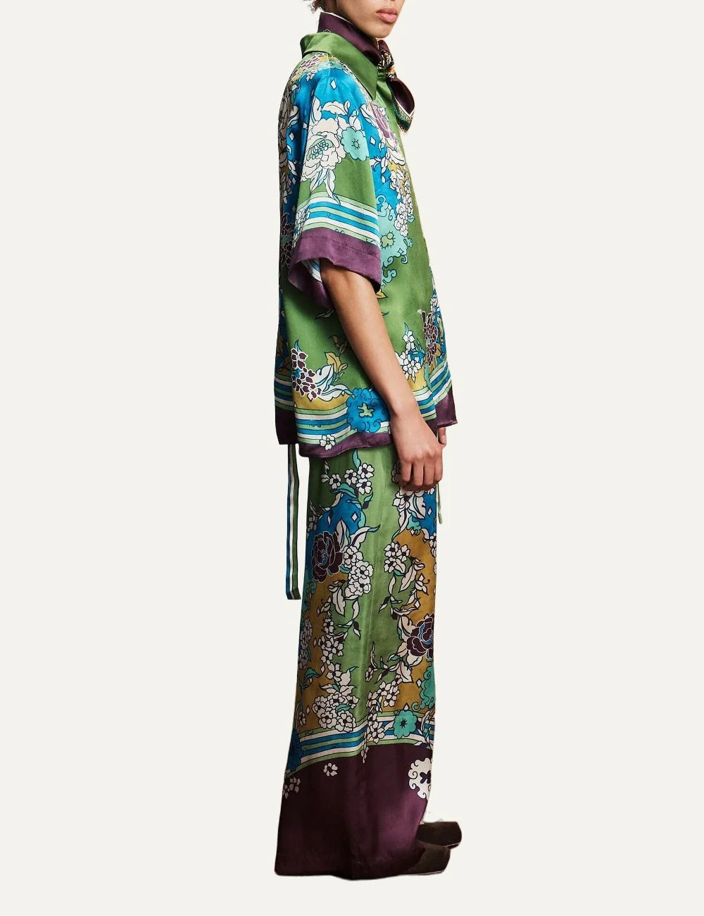 Alemais women's green silk satin shirt with multicolour floral print side