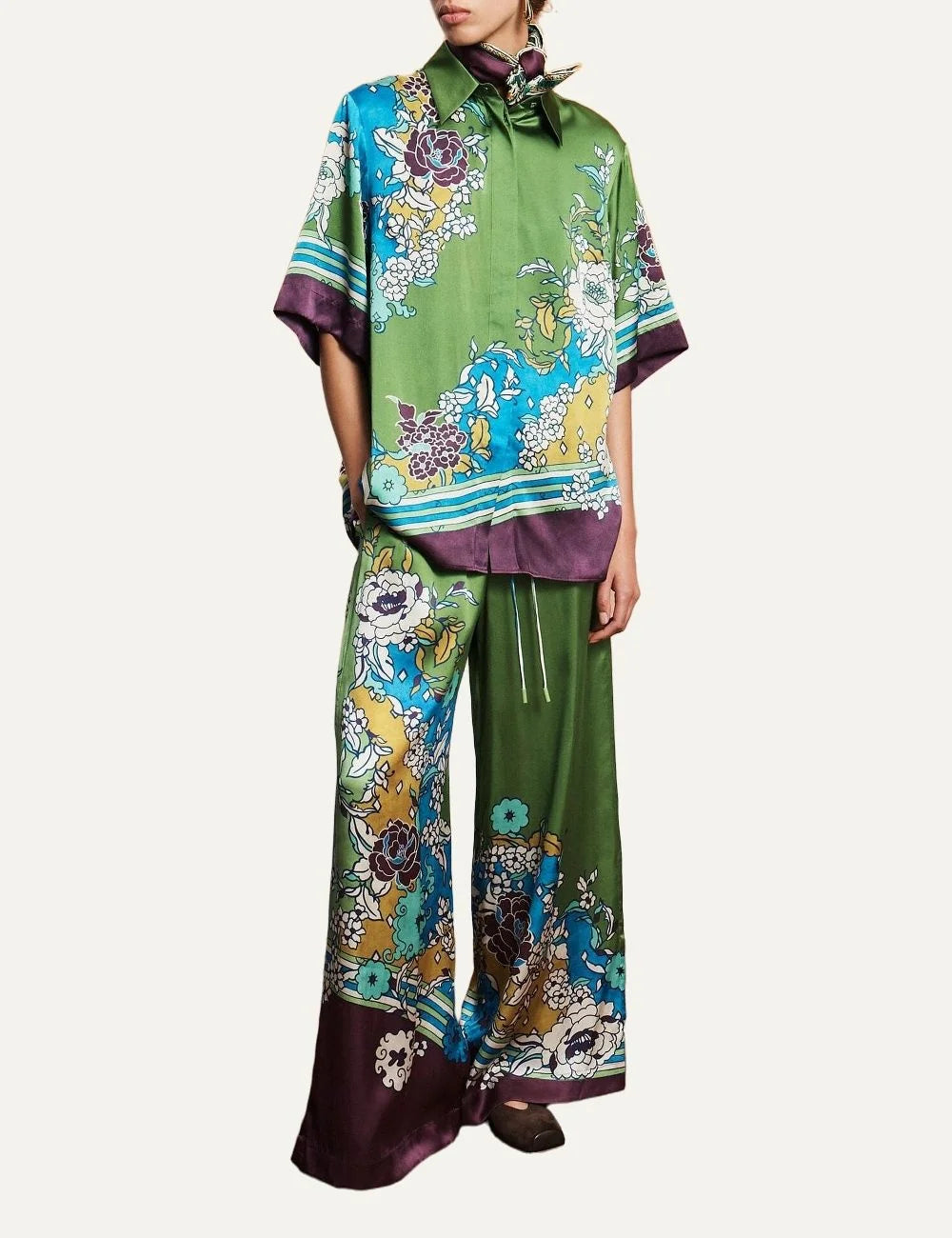 Alemais women's green silk satin shirt with multicolour floral print full body