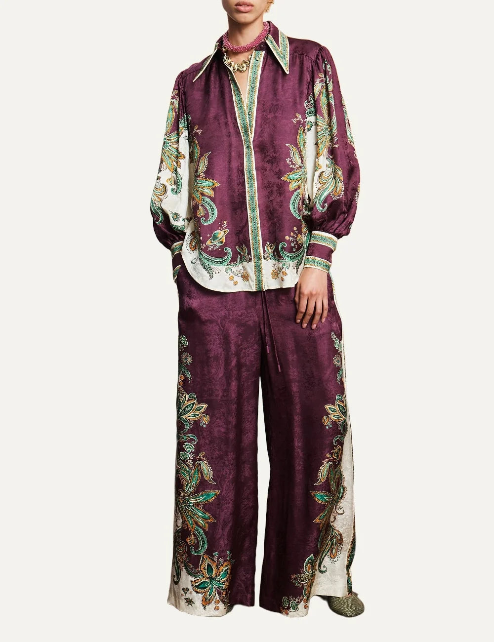 ALEMAIS women burgundy jacquard shirt with botanical paisley print and balloon sleeves full body