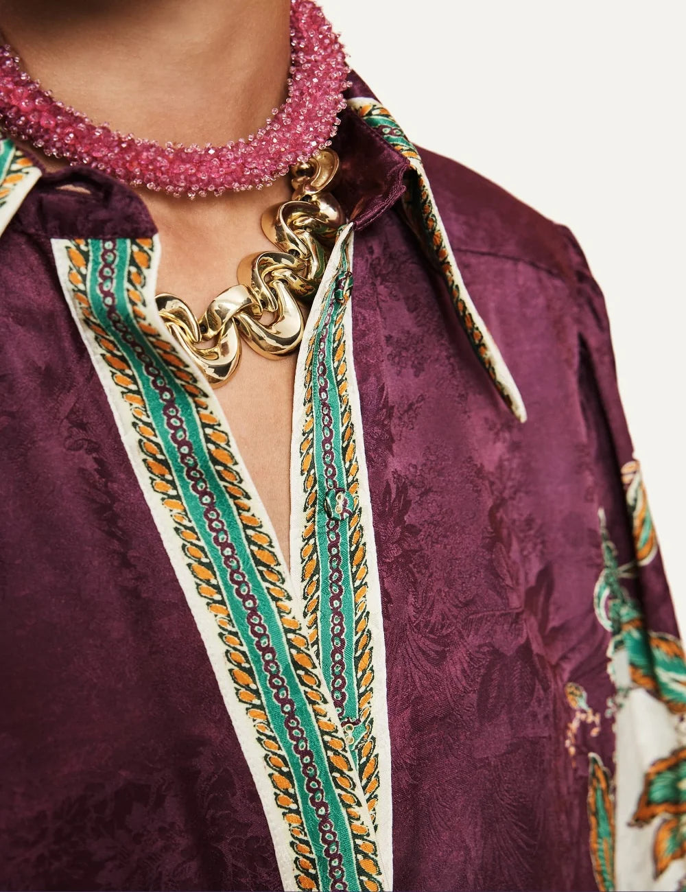 ALEMAIS women burgundy jacquard shirt with botanical paisley print and balloon sleeves detail