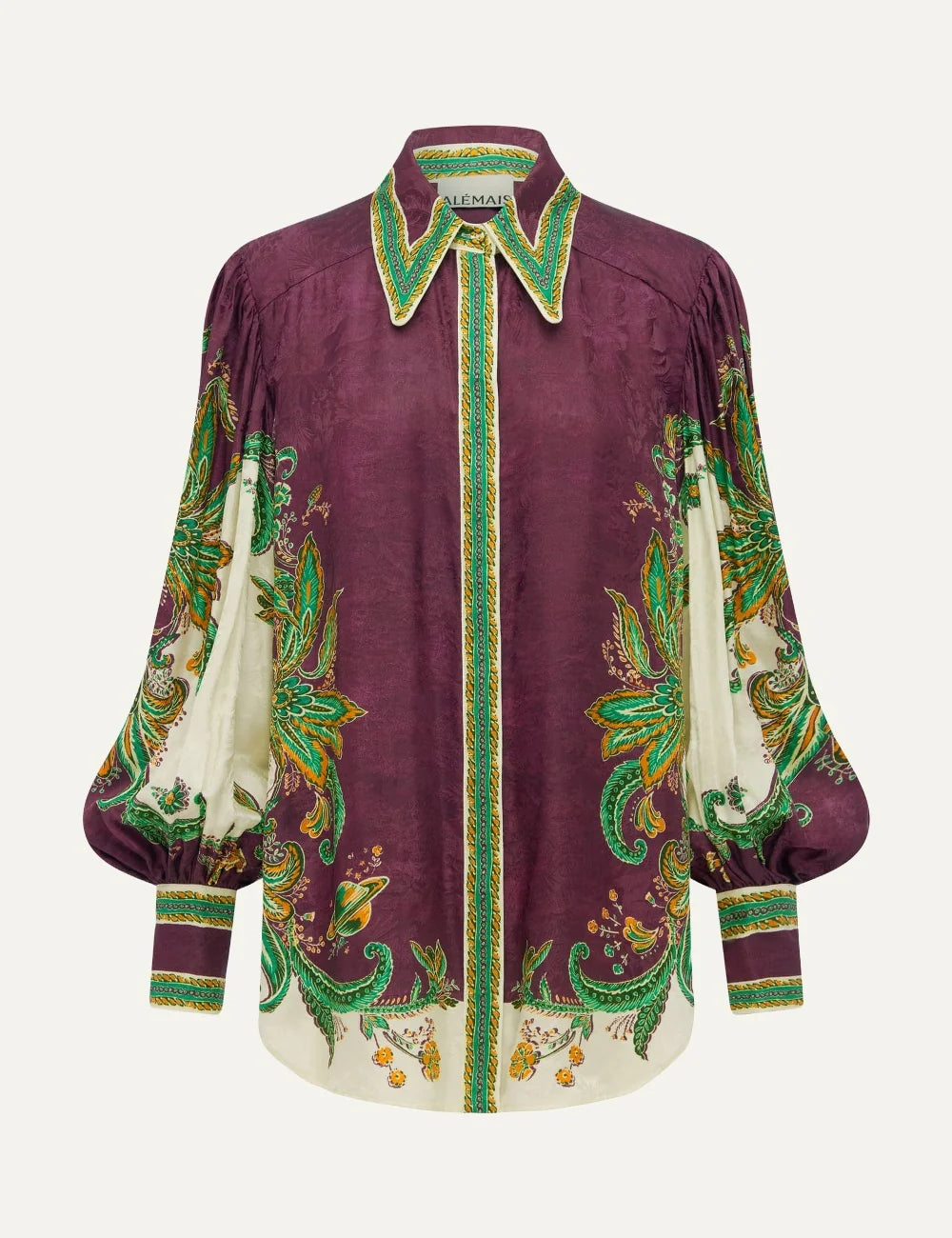 ALEMAIS women burgundy jacquard shirt with botanical paisley print and balloon sleeves