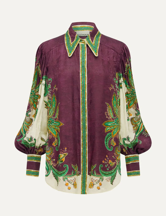 ALEMAIS women burgundy jacquard shirt with botanical paisley print and balloon sleeves