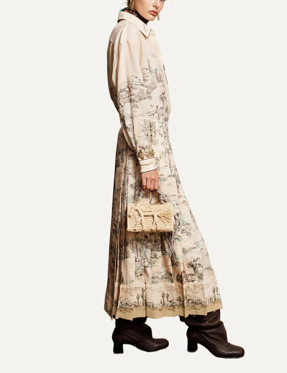 Alemais women's ivory silk shirt with western print side