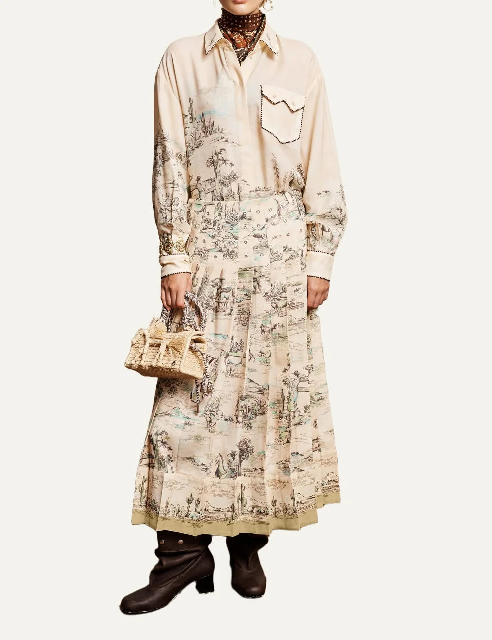 Alemais women's ivory silk shirt with western print full body