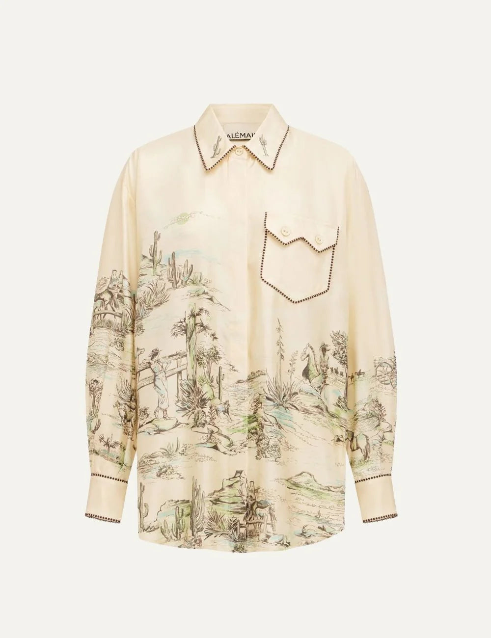 Alemais women's ivory silk shirt with western print