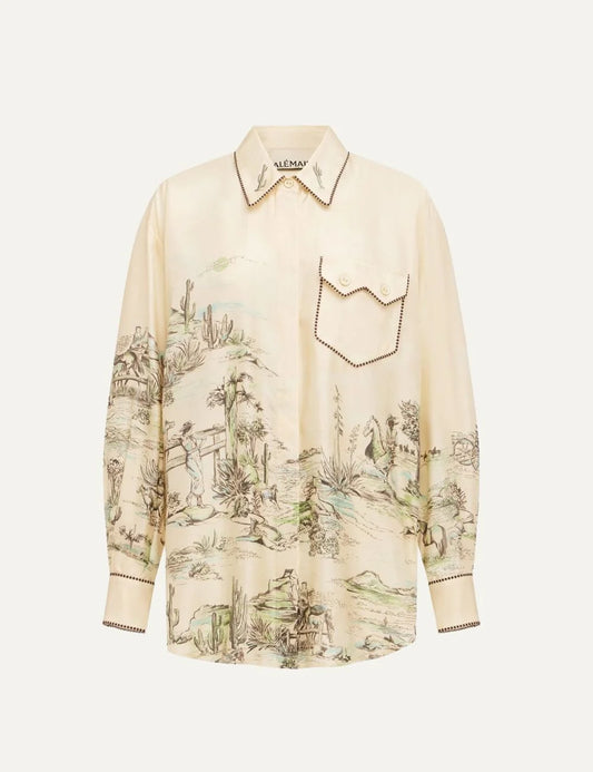 Alemais women's ivory silk shirt with western print