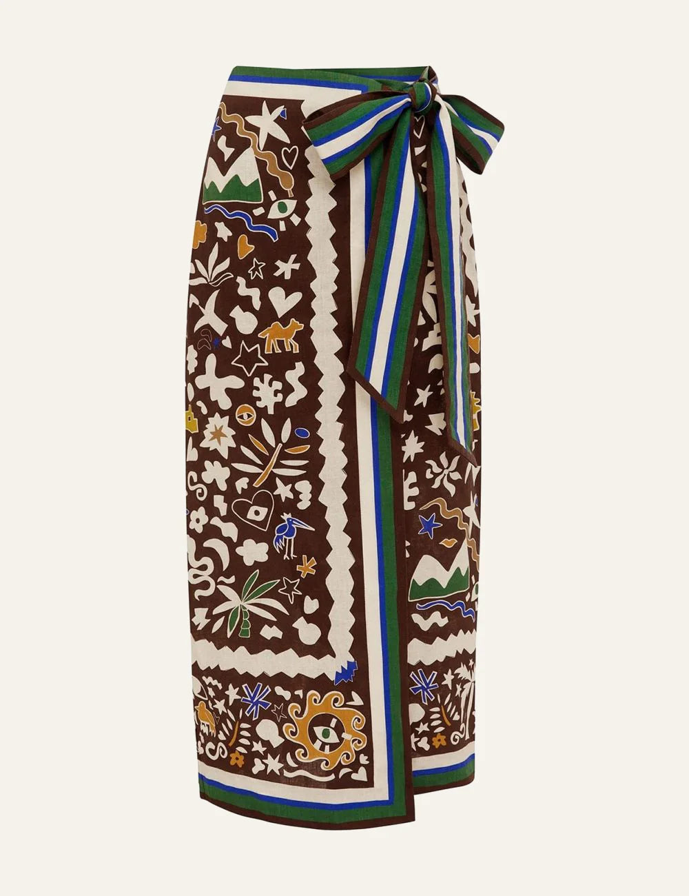 Alemais Maroc wrap skirt flat lay front brown graphic print