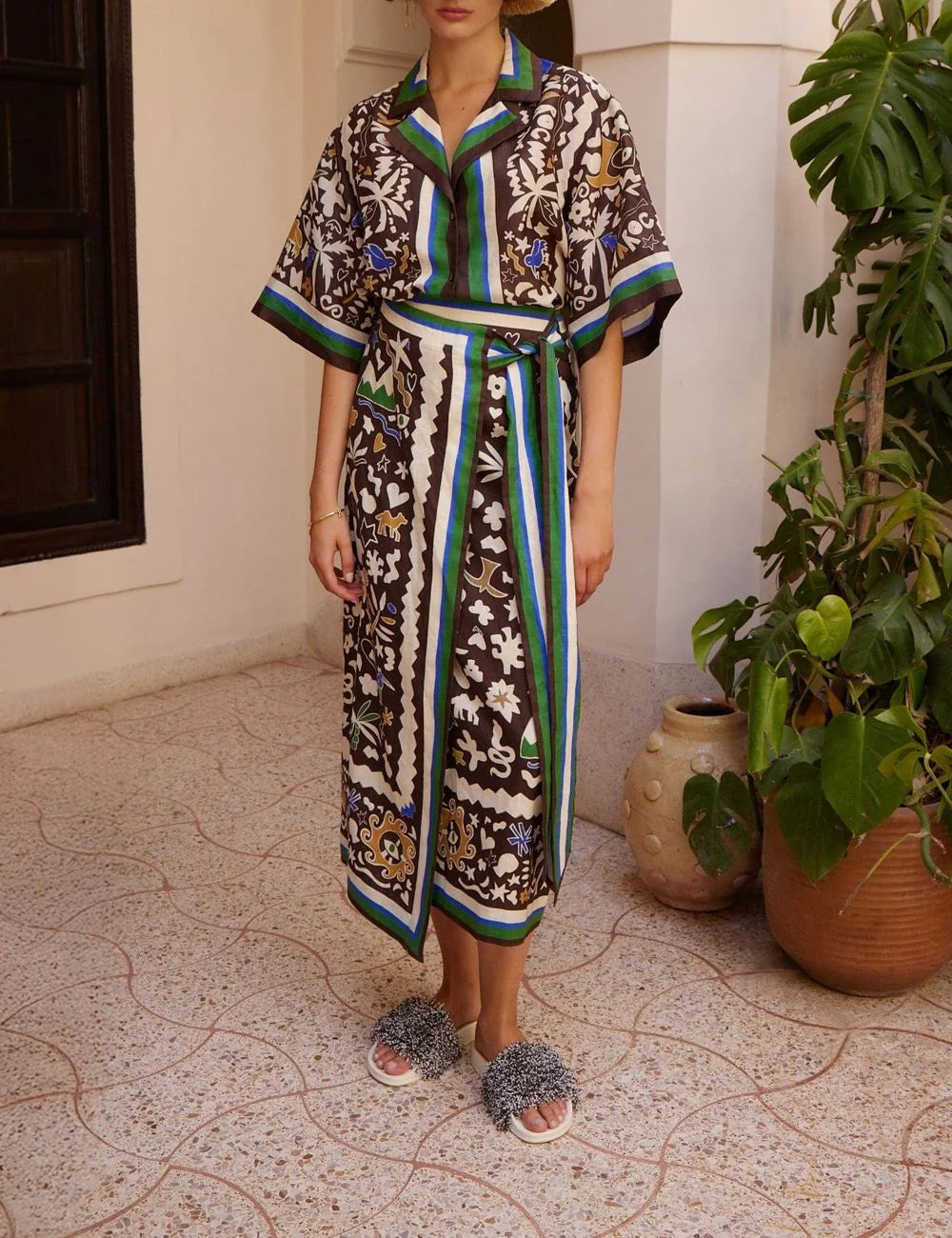 Alemais Maroc wrap skirt full look front worn on model