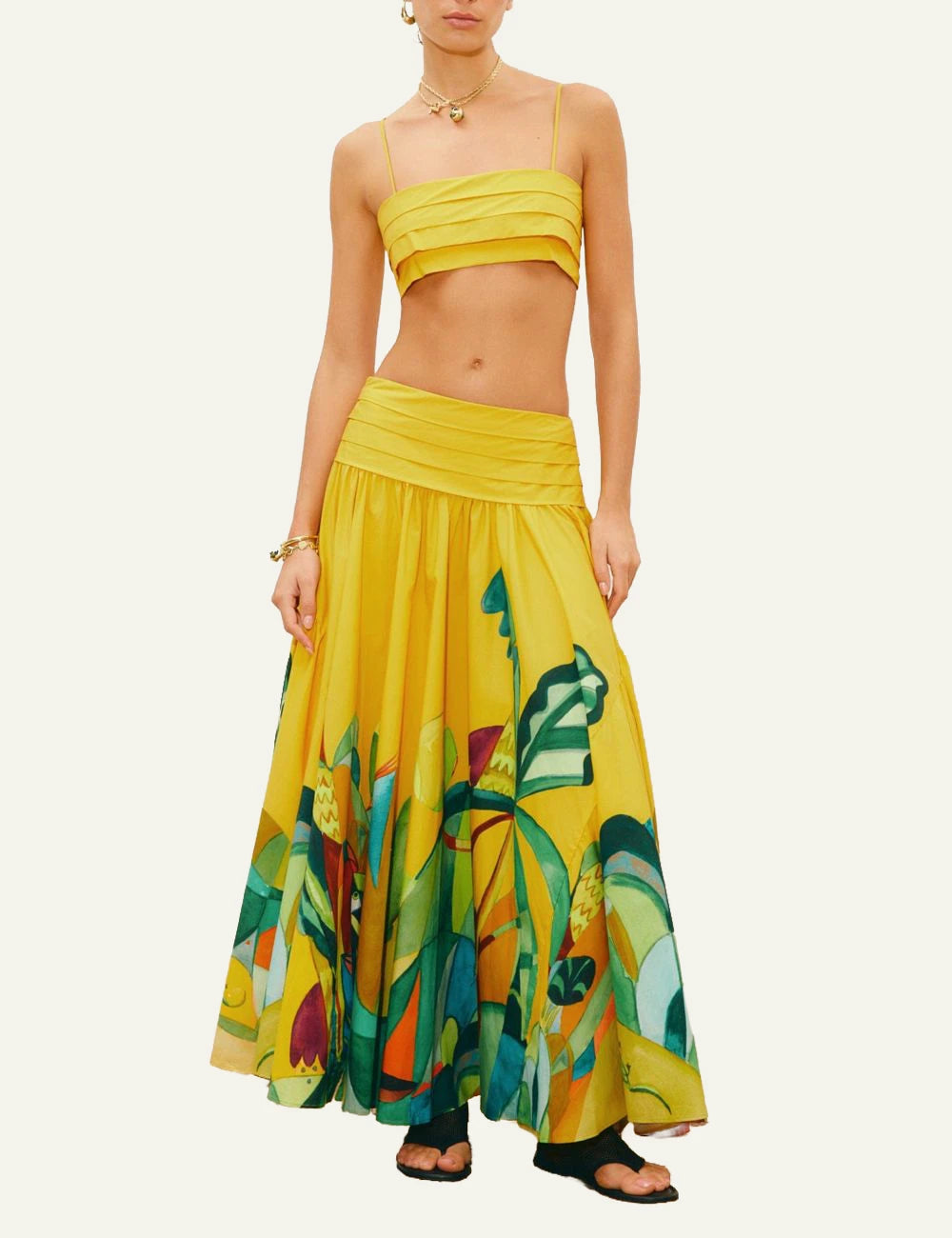 Alemais Mokshini maxi skirt yellow tropical print front view