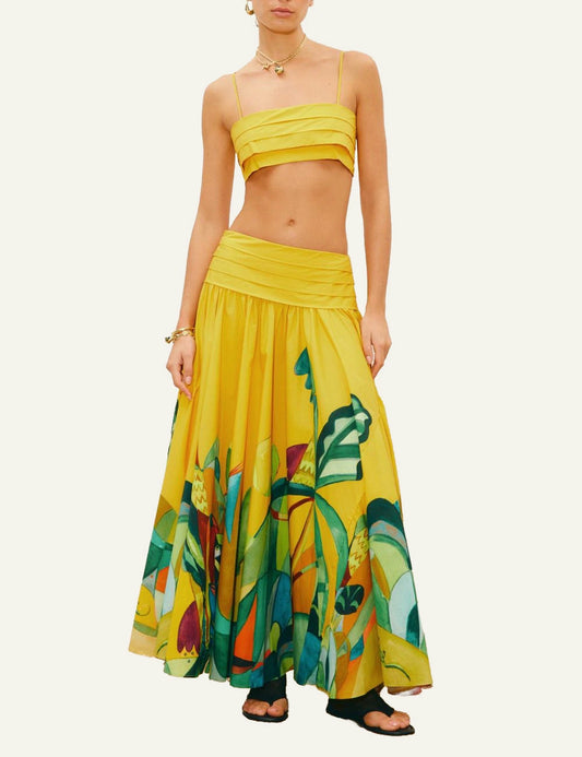 Alemais Mokshini maxi skirt yellow tropical print front view