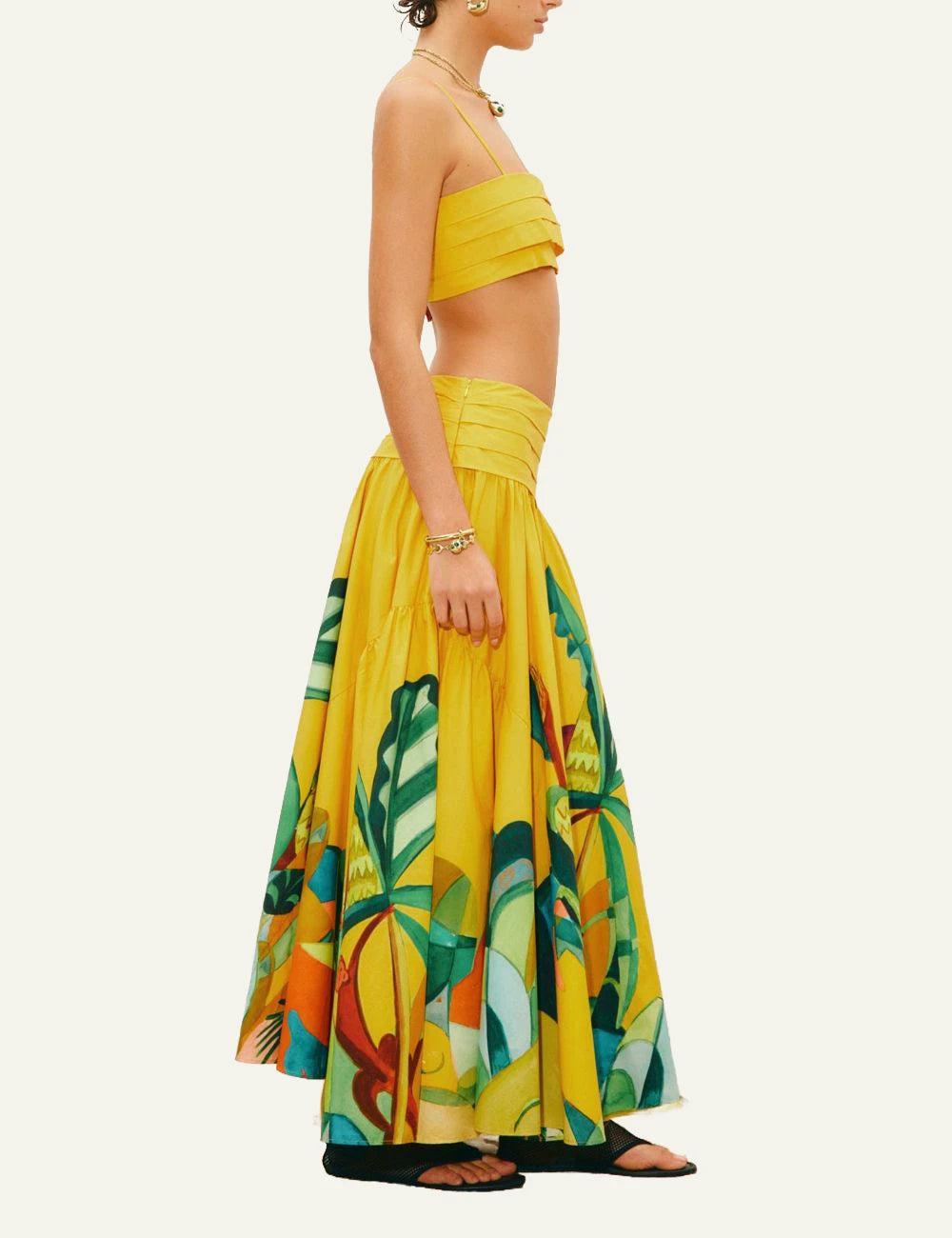 Alemais Mokshini maxi skirt yellow tropical print side view