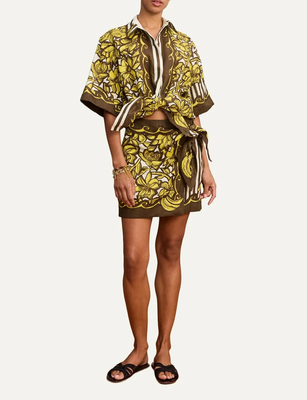 ALEMAIS women brown yellow hemp mini wrap skirt with floral and banana print full body